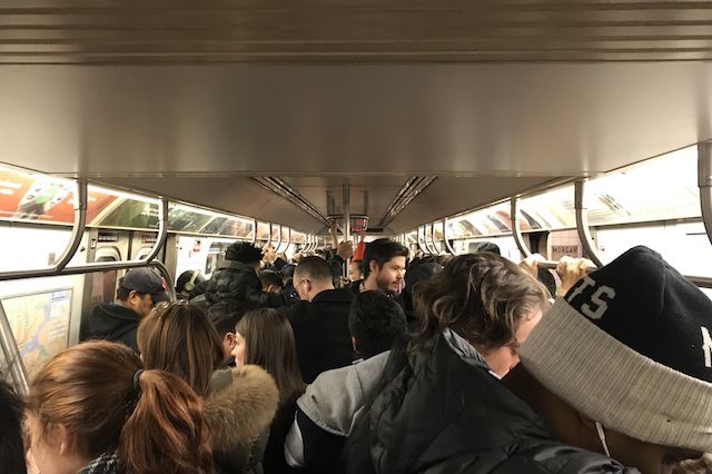When the MTA said "swastikas in" an L train, it reportedly meant Antifa stickers—which caused the above overcrowding scenario.